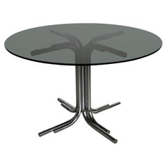Vintage Italian Space Age Dining Table with Chromed Legs and Smoked Glass Top