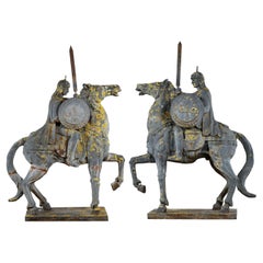 Used Two Ottoman horsemen, large cast iron garden statues pendant, France, circa 1950