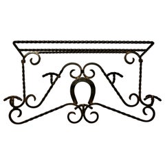 Used French Wrought Iron Wall Hanging Rack for Coats and Tack on a Horse Riding Theme