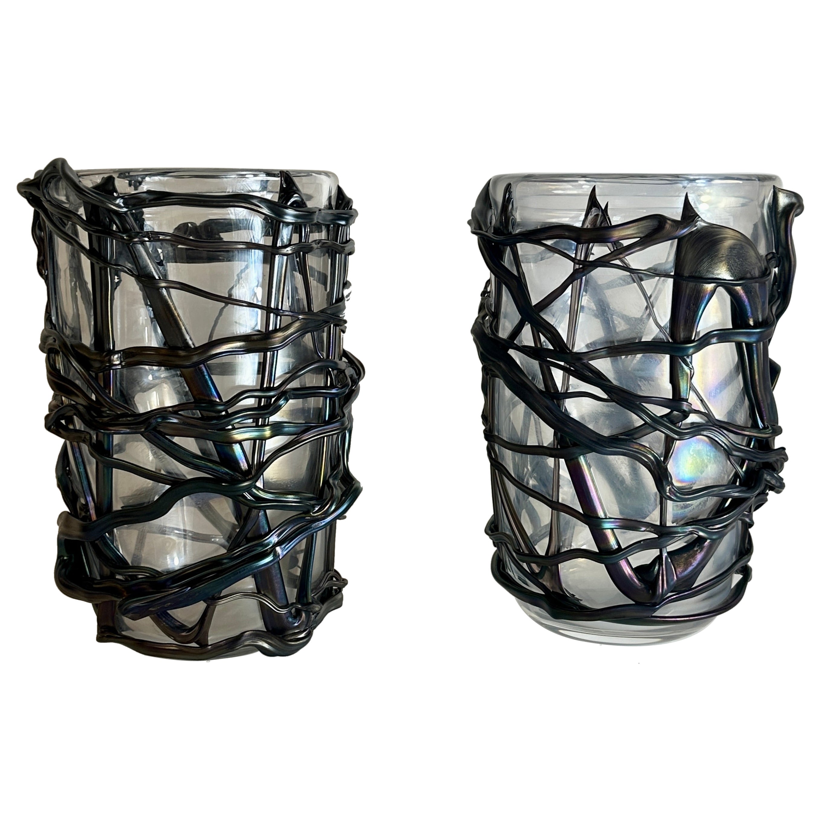 Late 20th Century Pair of Iridescent Murano Glass w/ Black Applications Vases  For Sale