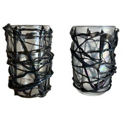 Retro Late 20th Century Pair of Iridescent Murano Glass w/ Black Applications Vases 