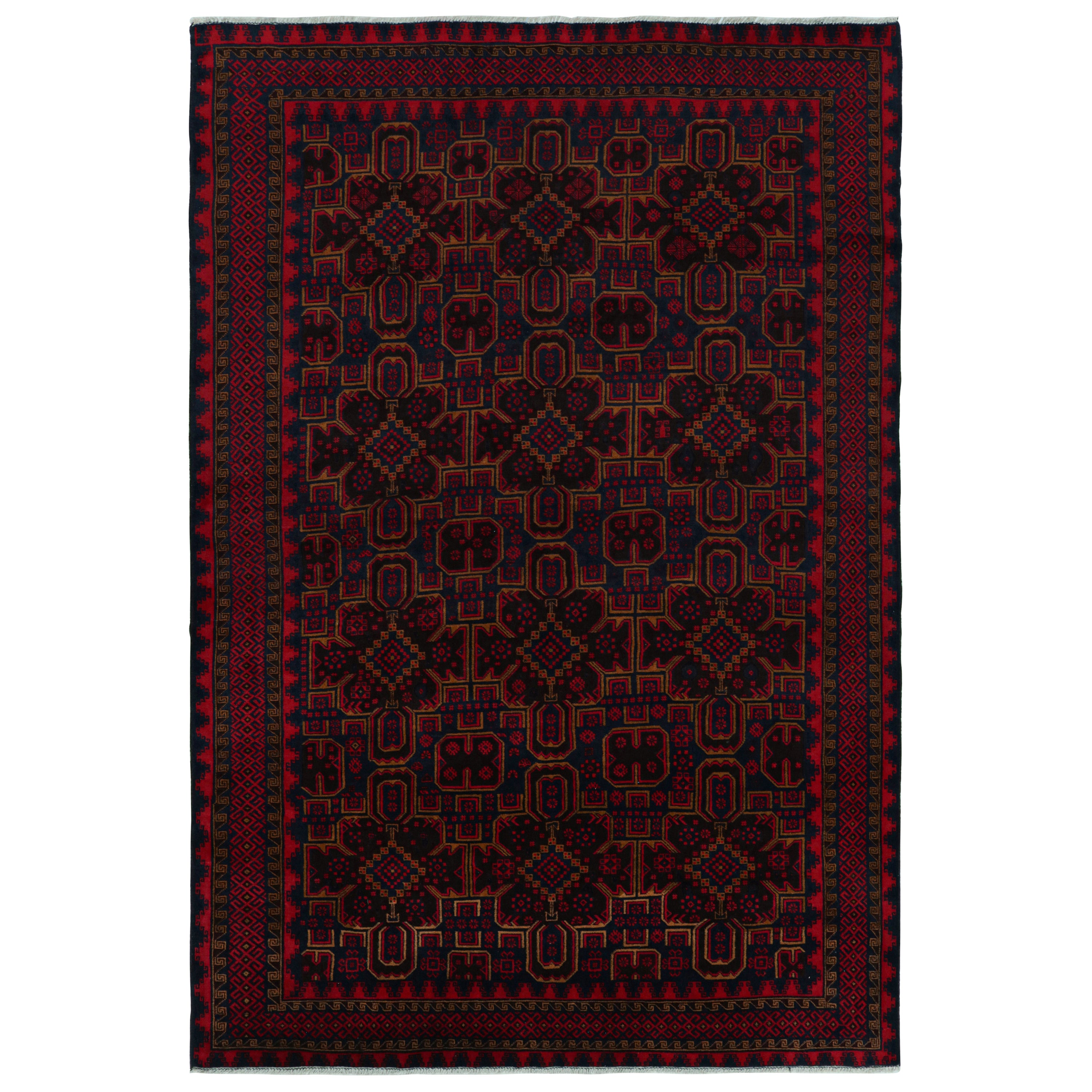 Rug & Kilim’s Mashwani Baluch Rug in Red and Blue Geometric Patterns For Sale