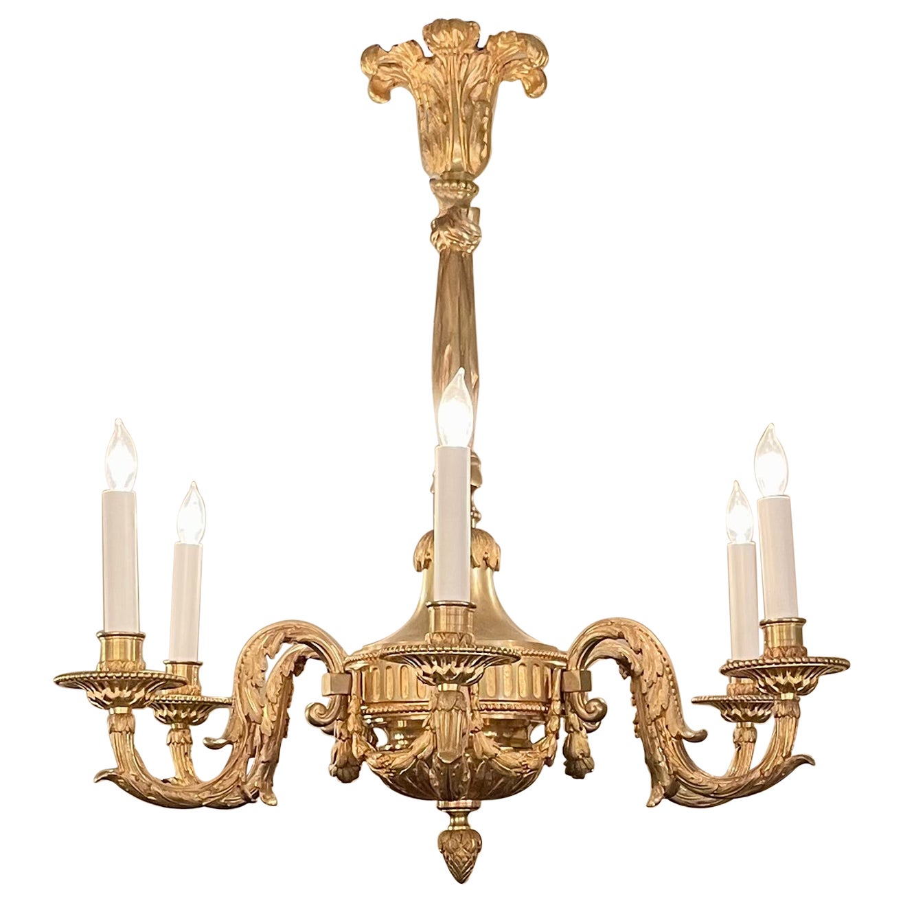 Antique French Louis XVI Style Bronze D' Ore 6 Light Chandelier, Circa 1890's. For Sale