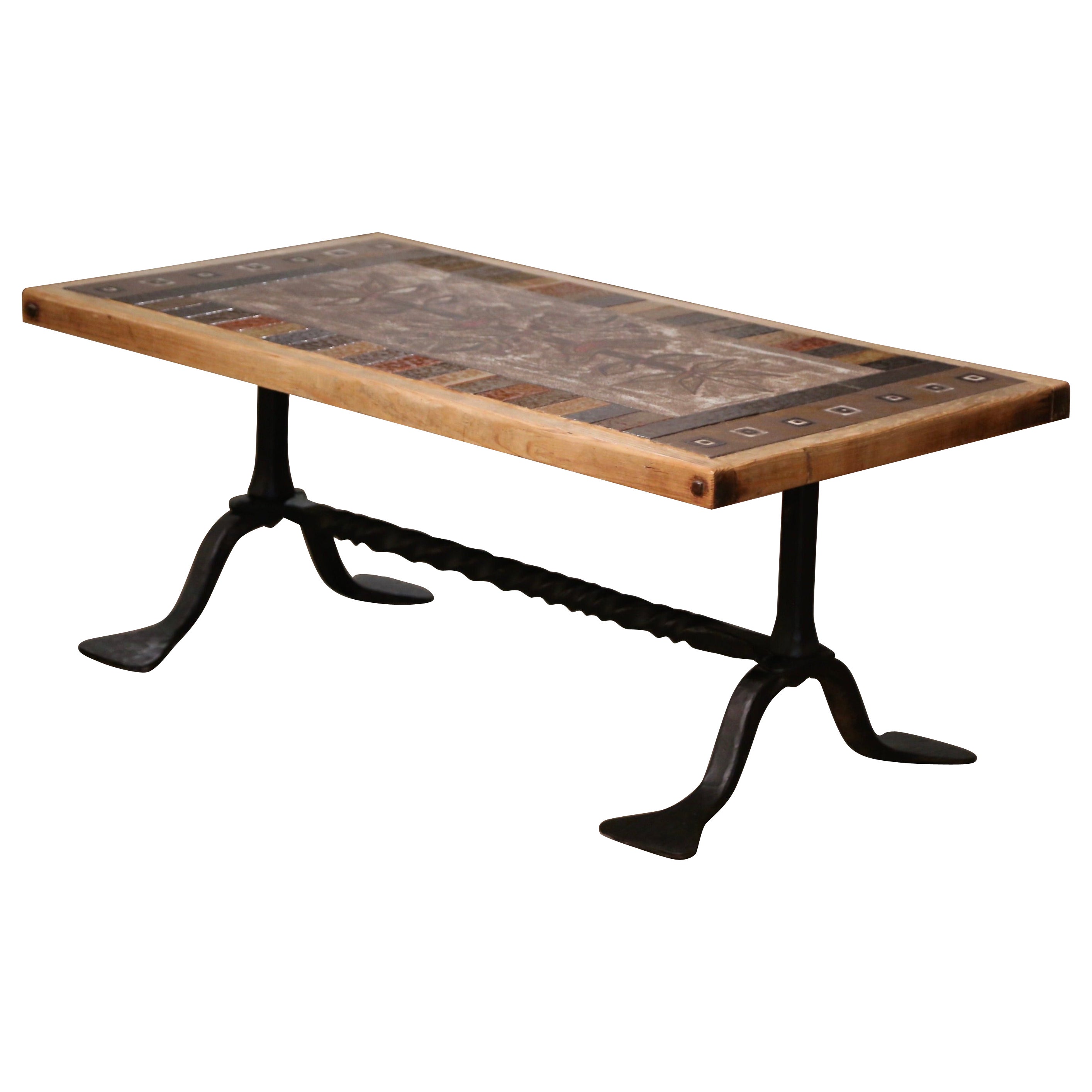 Mid-Century French Oak Ceramic and Wrought Iron Coffee Table Signed J.G. Picard For Sale