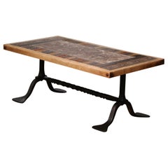 Antique Mid-Century French Oak Ceramic and Wrought Iron Coffee Table Signed J.G. Picard
