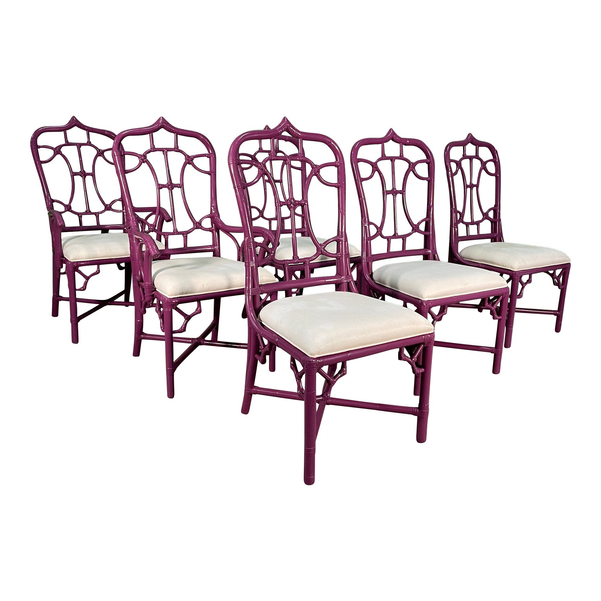 Rattan Cathedral Dining Chairs in the Manner of McGuire For Sale