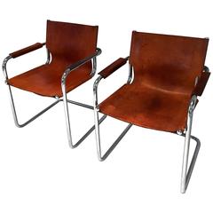 Pair of Mart Stam-Style Cantilevered Leather and Chrome Chairs