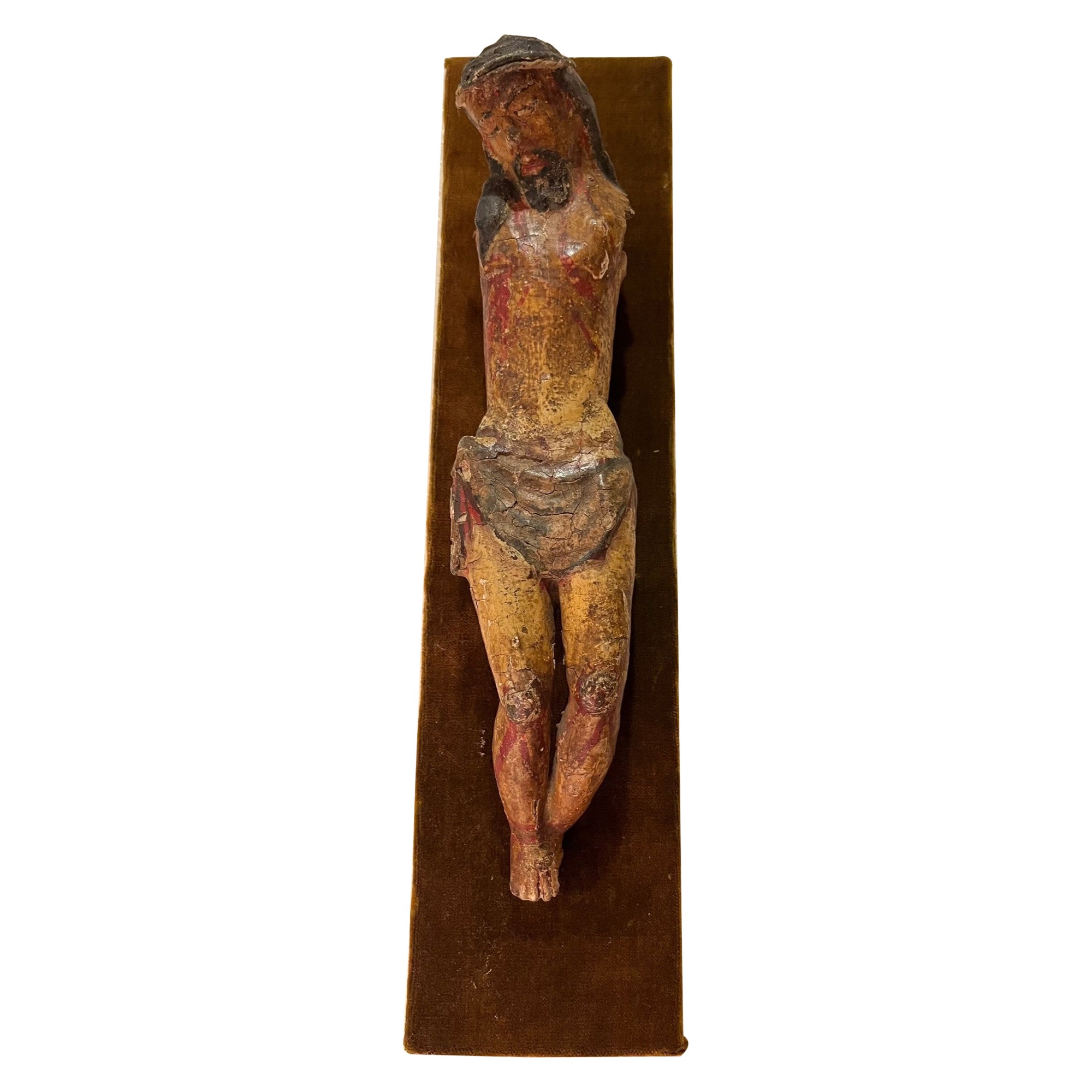  Holzgeschnitzte polychrome Holzskulptur des Corpus Christi aus der Periode des 13. Jahrhunderts im Angebot