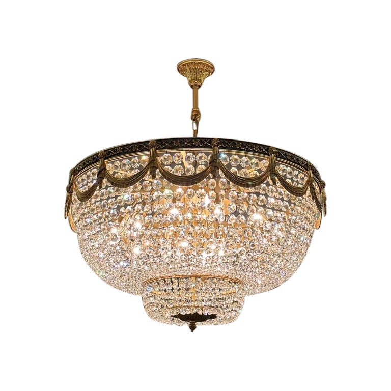 21st Century Art Deco Low Plafonnier Crystal Chandelier in Gold Lustre Brass XXL For Sale