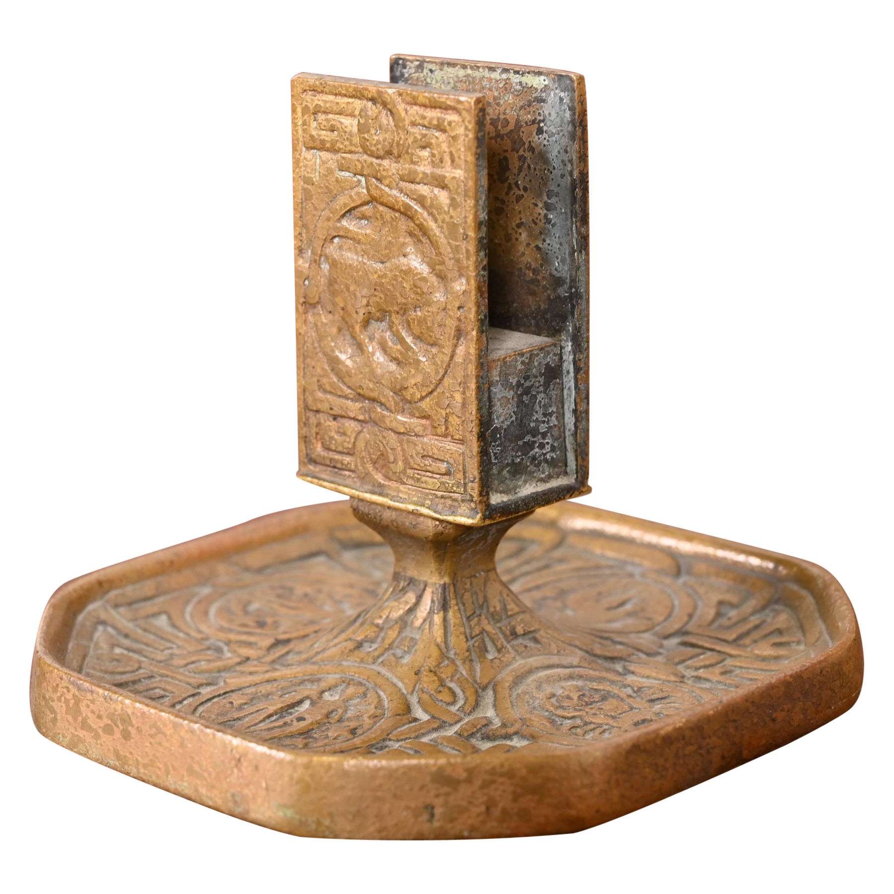 Tiffany Studios New York Zodiac Bronze Doré Match Box Holder For Sale