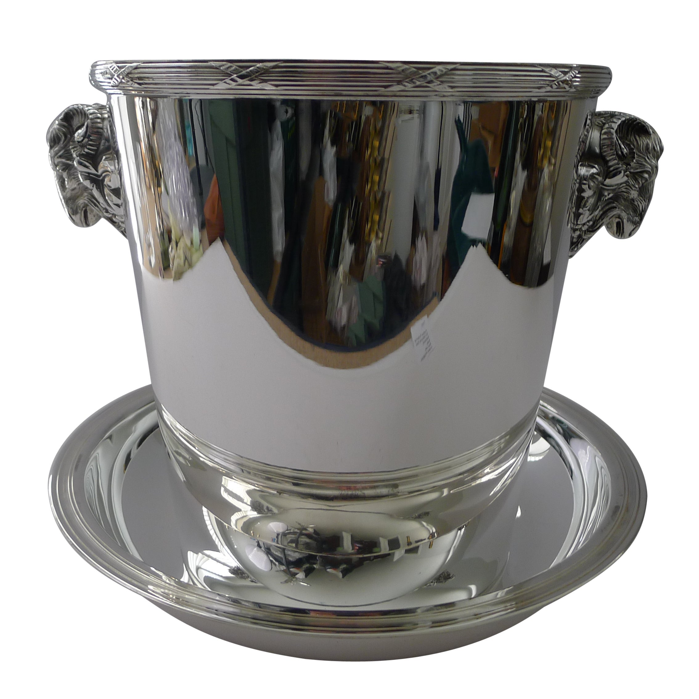 Christofle, Paris - Ram's Head Champagne Bucket and Drip Plate For Sale