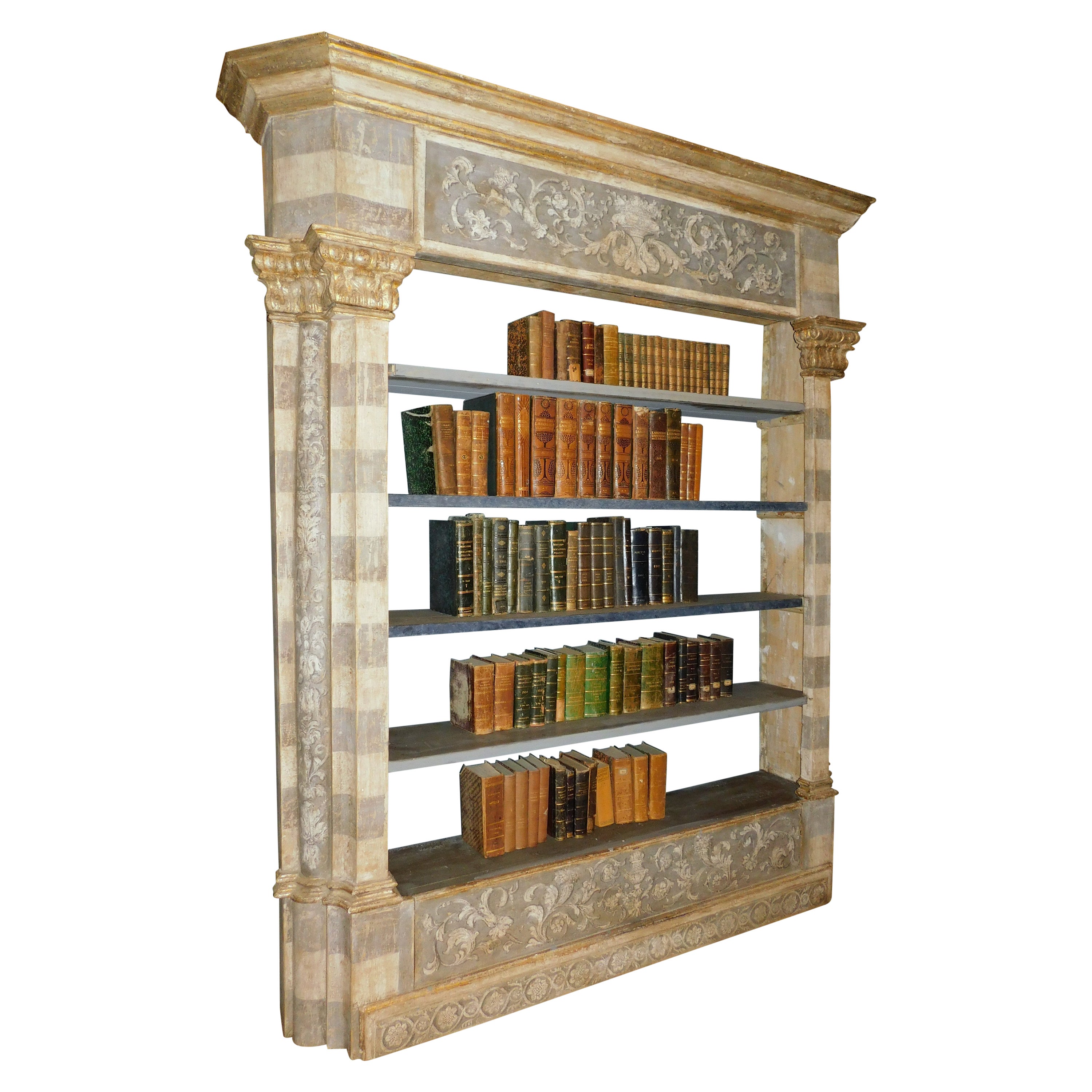 Antique library bookcase, built with painted and sculpted portal, Florence Italy