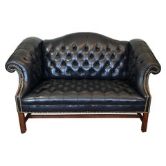 Retro Classic Dark Navy Tufted Leather Loveseat with Brass Nailheads