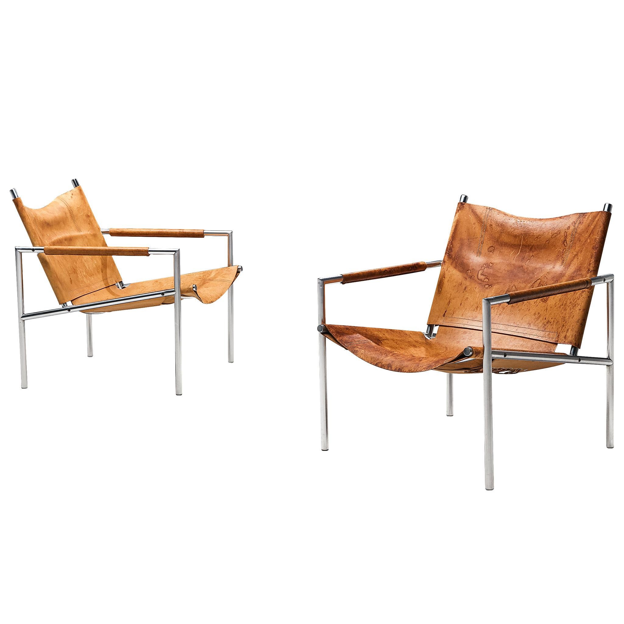 Martin Visser for 't Spectrum Pair of Armchairs in Patinated Cognac Leather  For Sale