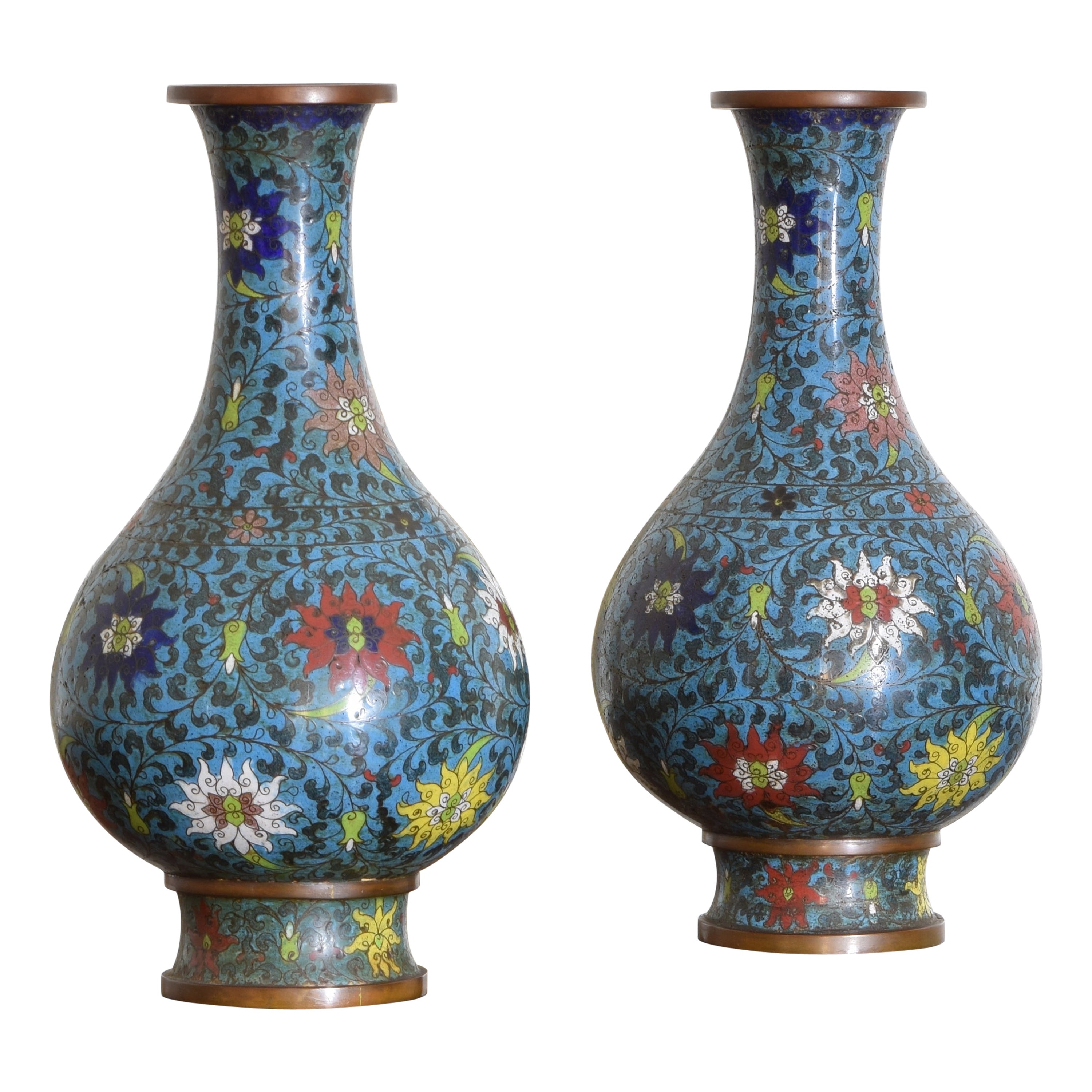 Pair Japanese Cloisonné Vases with Unusual Bottom Decoration, 19th century For Sale