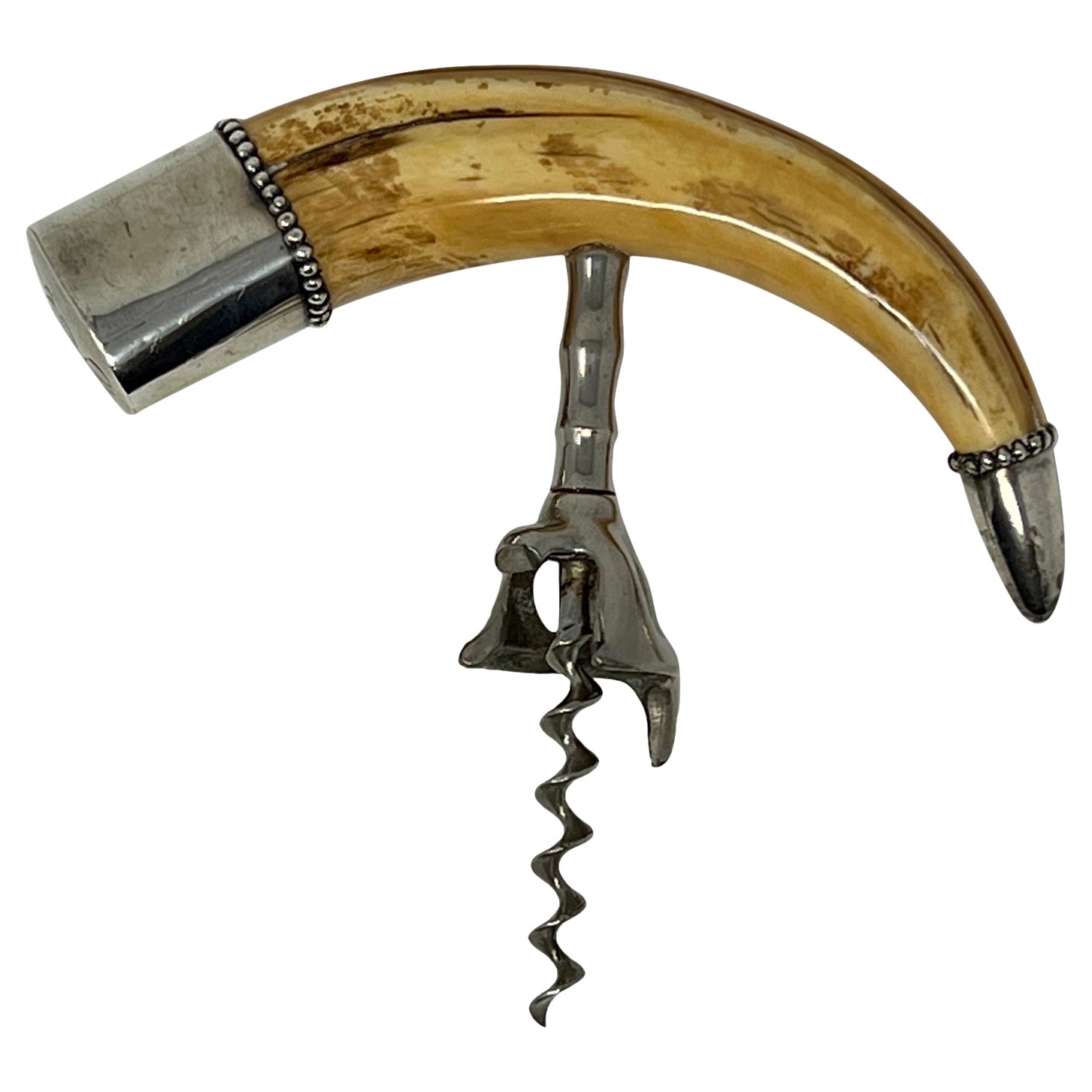 Antique Sterling Silver Mounted "Boar's Tusk" Corkscrew, Circa 1900. For Sale