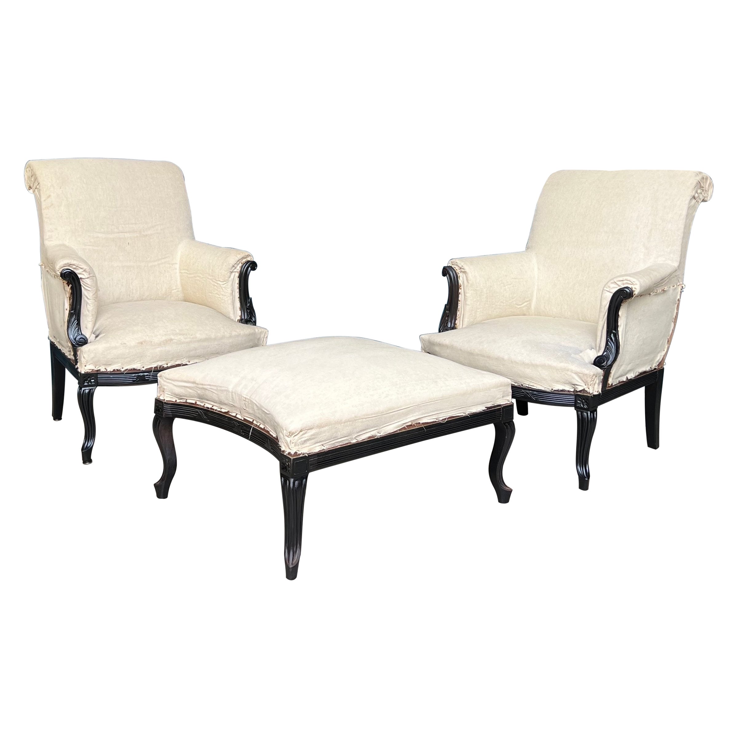 Pair of French Armchairs in Muslin with Matching Ottoman For Sale