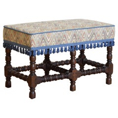 Italian Louis XIV Style Turned Walnut and Upholstered Bench, mid 19th century