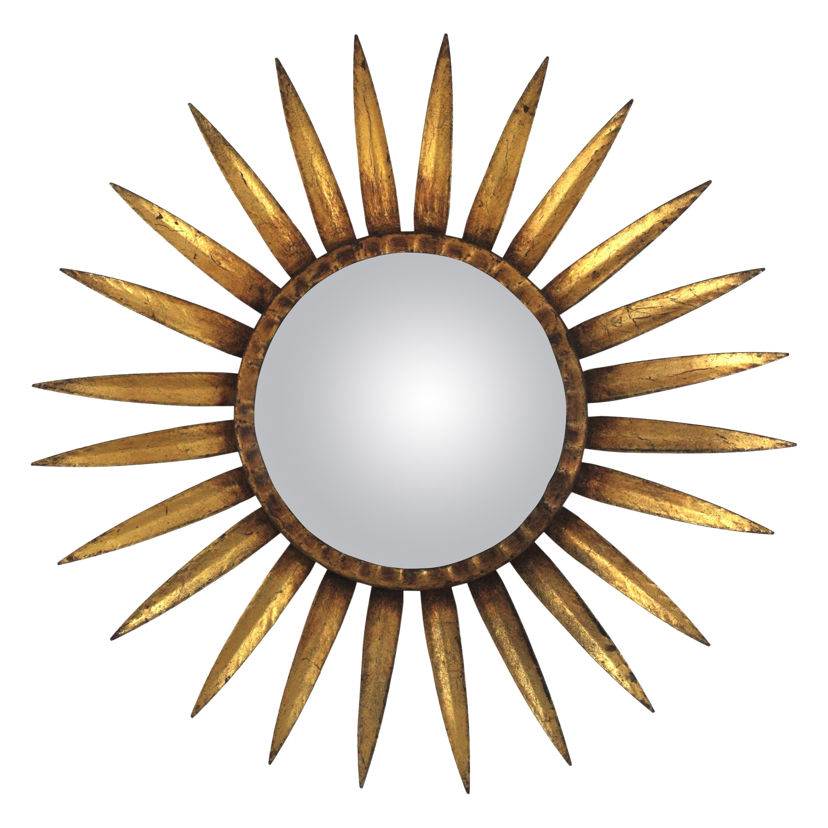 Spanish Sunburst Mirror in Gilt Metal, Convex Glass For Sale