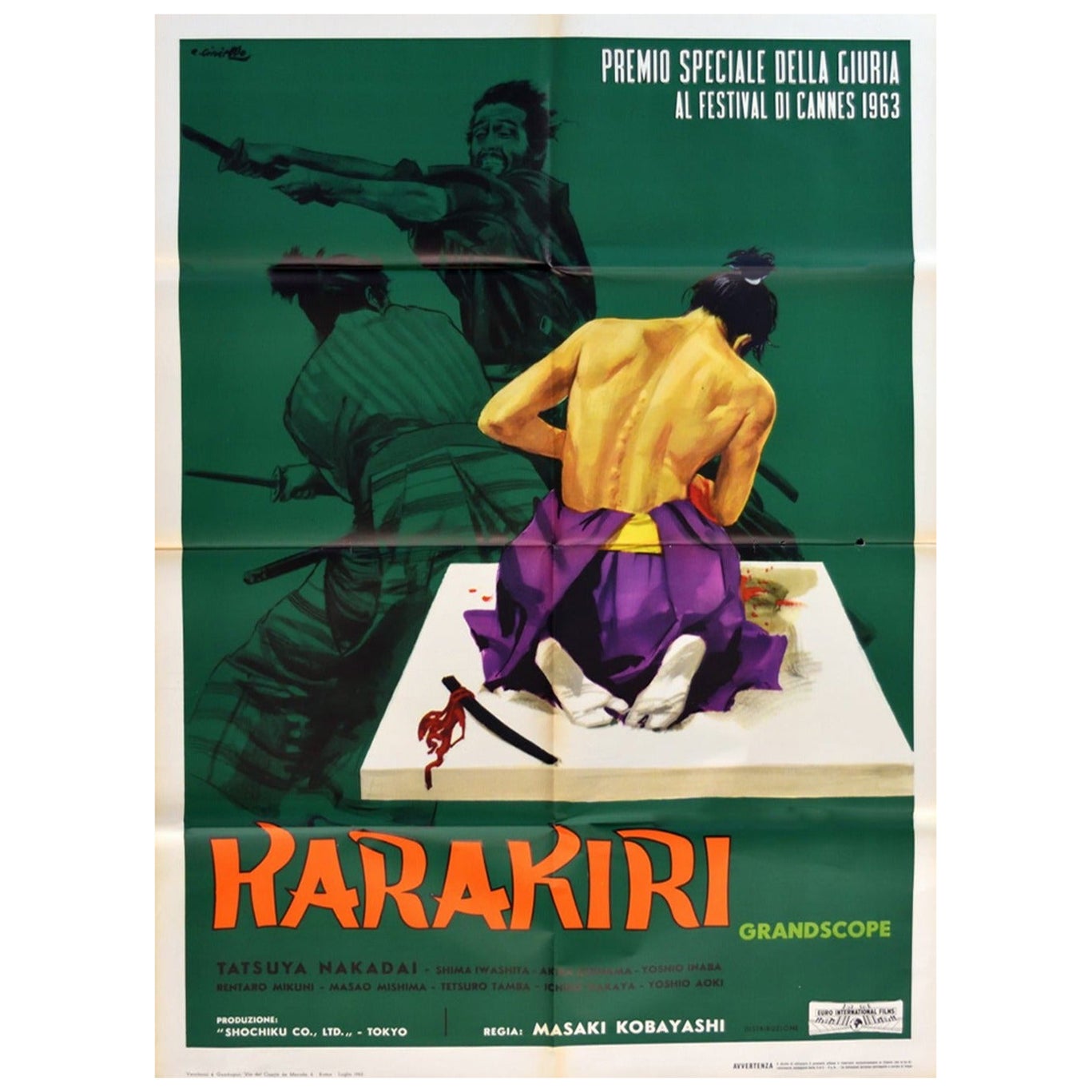 Affiche vintage originale d'Harakiri (italien) de 1962