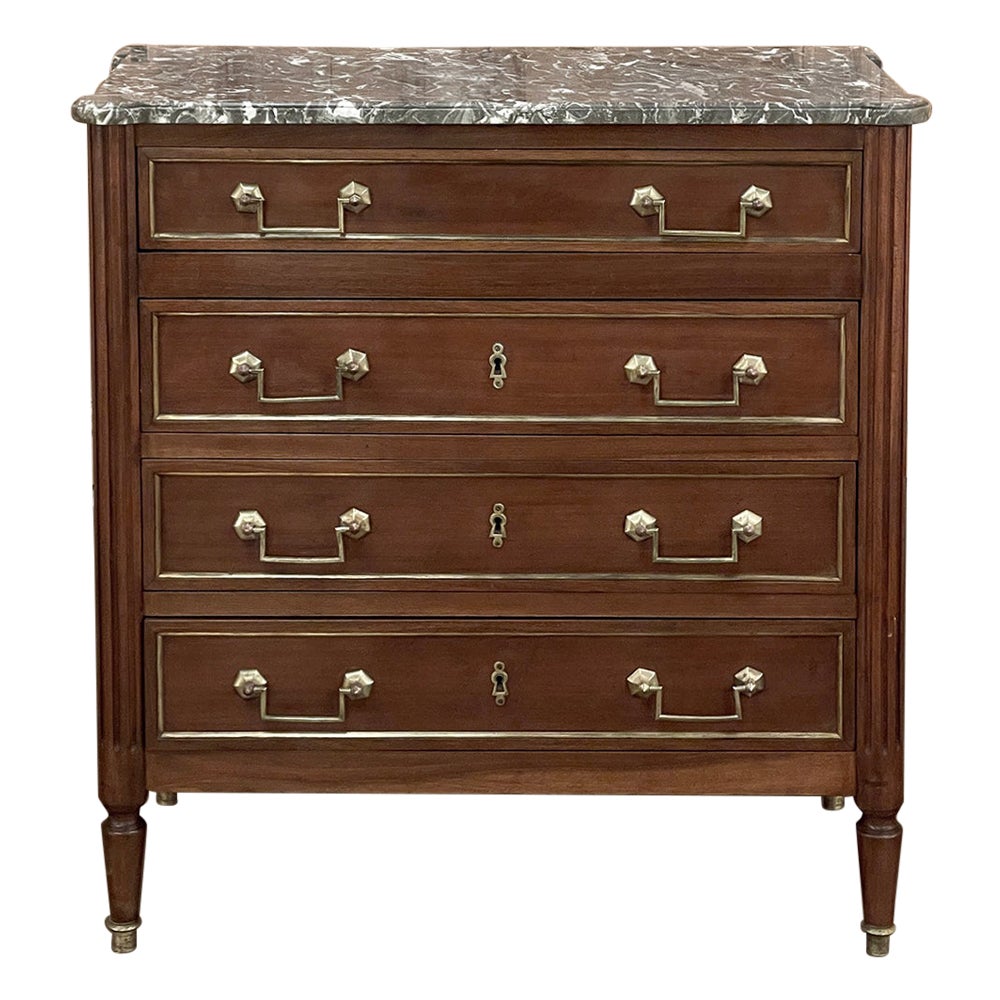 Antique French Directoire Neoclassical Mahogany Commode with Marble Top For Sale