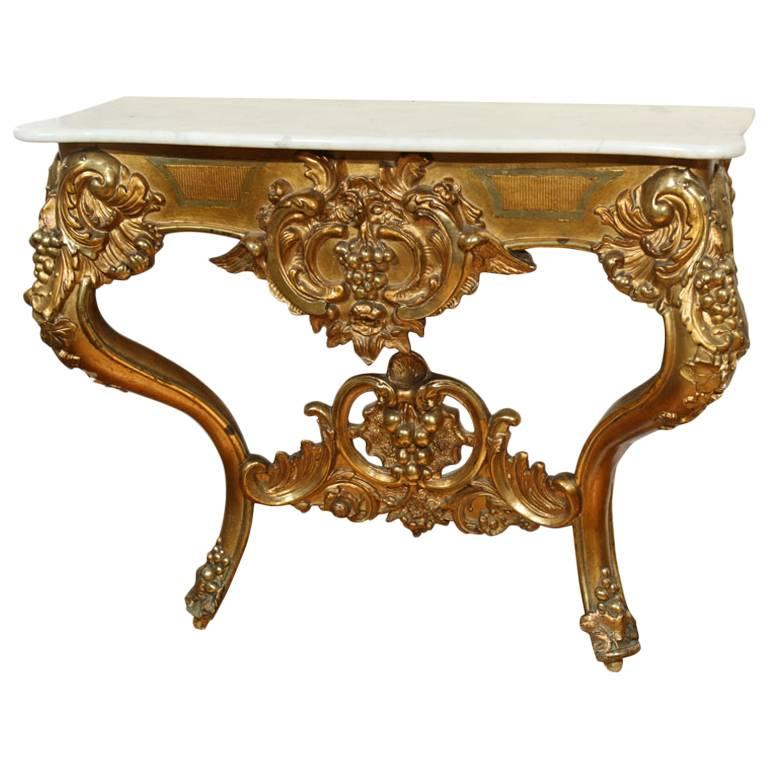 Italian 19th C Curved Console Table with Triple Gilding and White Marble Top For Sale