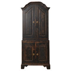Antique Genuine Tall Black Swedish Country Rococo Pine Cabinet 