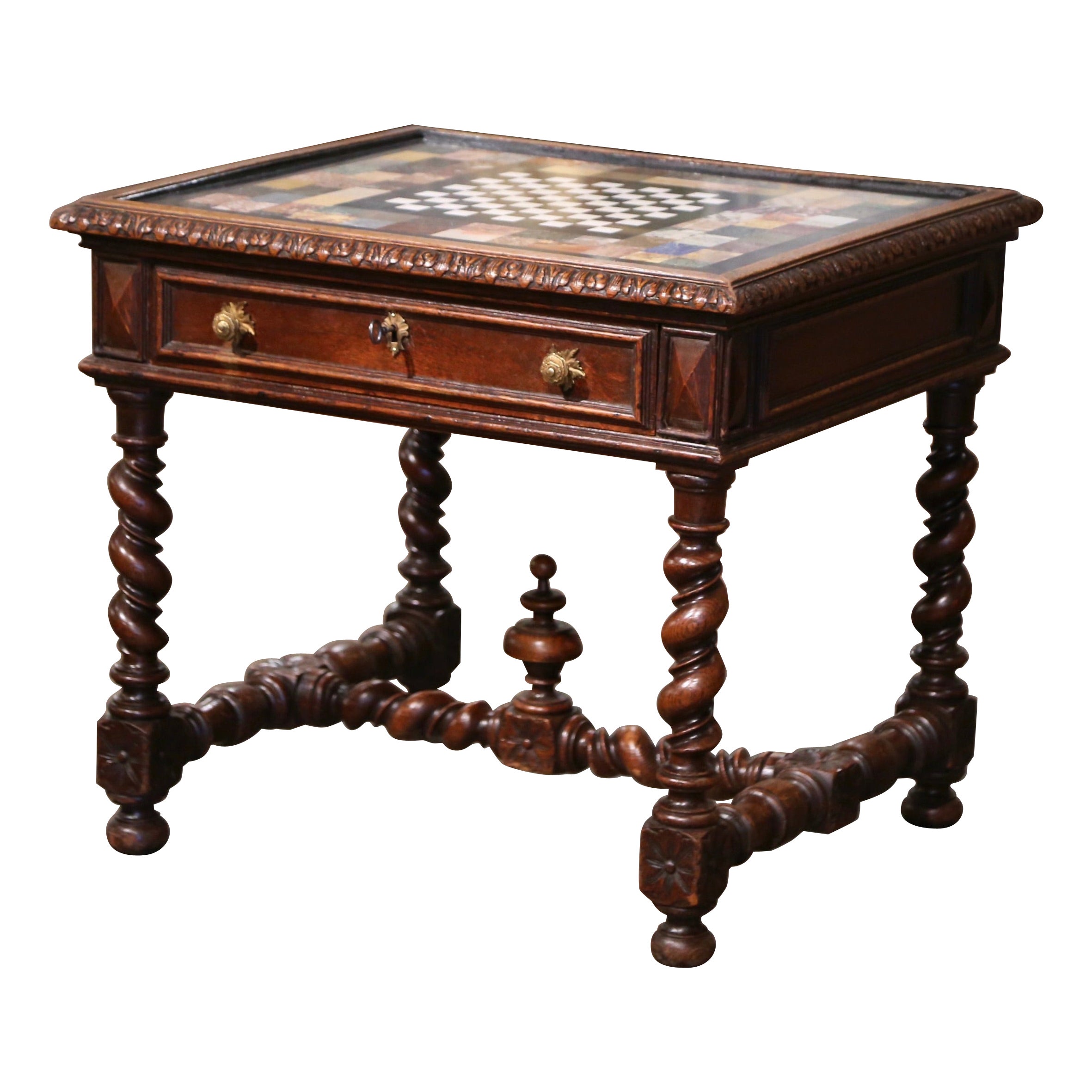 18th Century French Onyx and Marble Top Carved Oak Chess and Checker Game Table 
