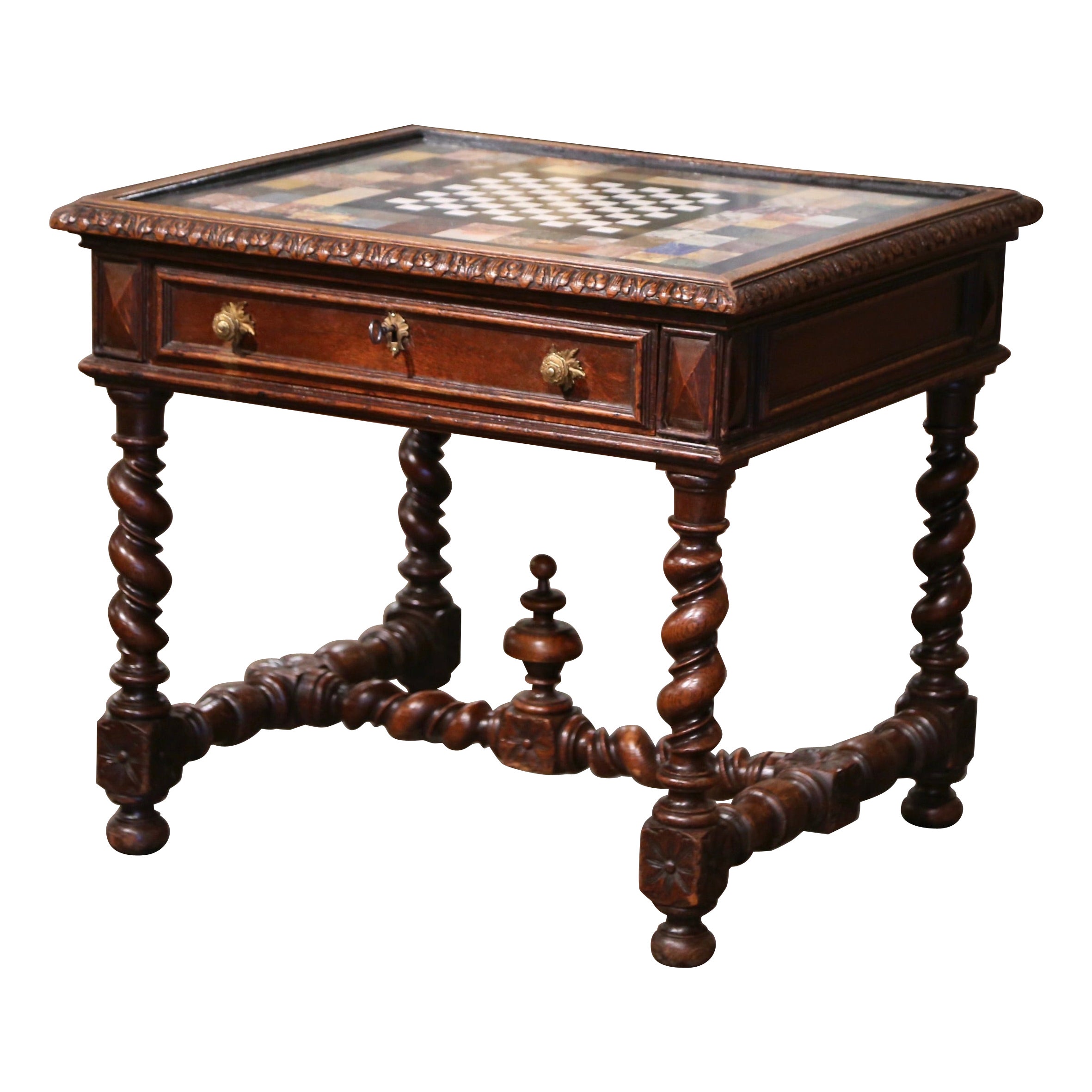 Table de jeu d'échecs et de damier en chêne sculpté et plateau en marbre et onyx français du 18ème siècle  en vente