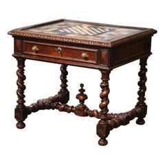 Table de jeu d'échecs et de damier en chêne sculpté et plateau en marbre et onyx français du 18ème siècle 