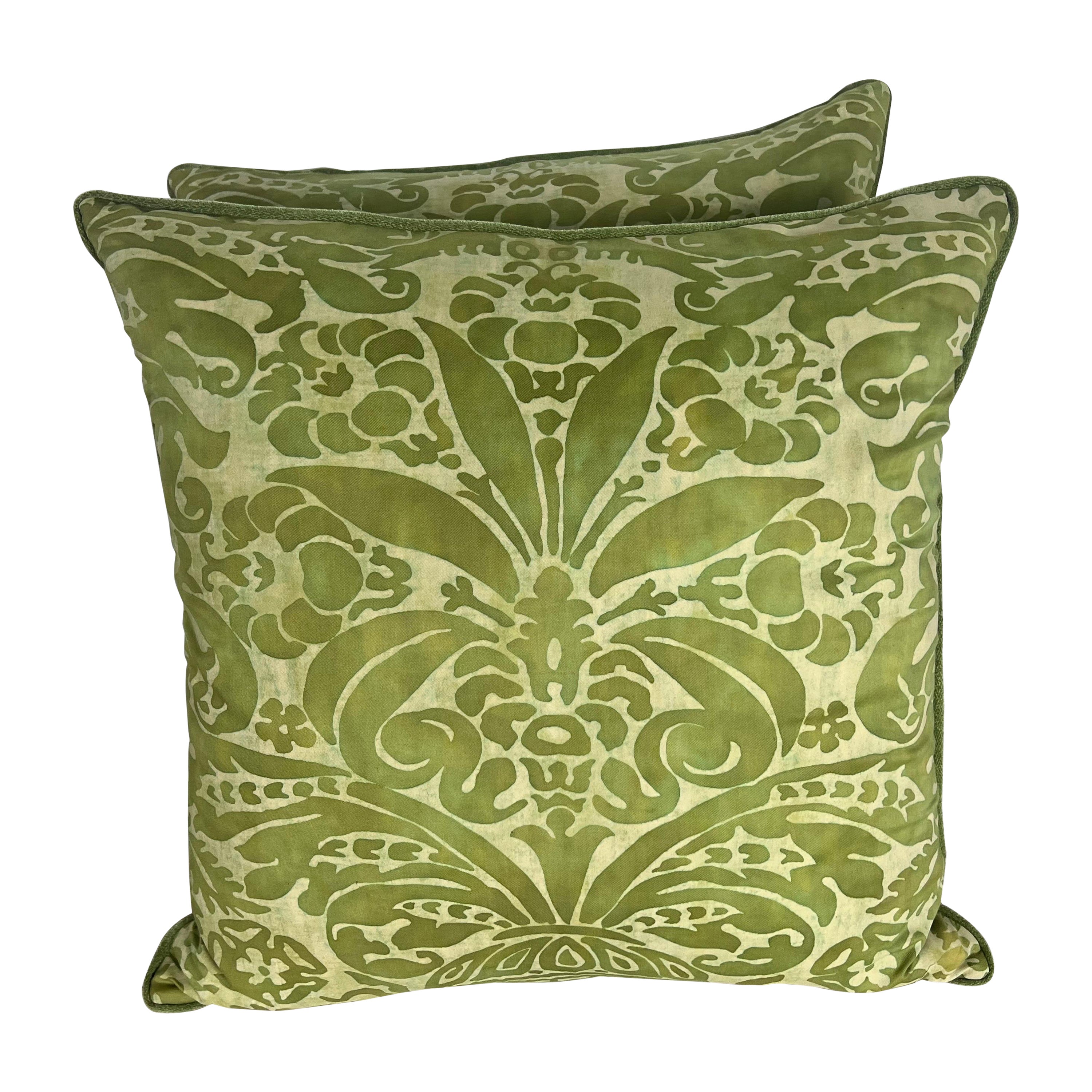 Pair of Green and Cream Fortuny Textile Pillows 