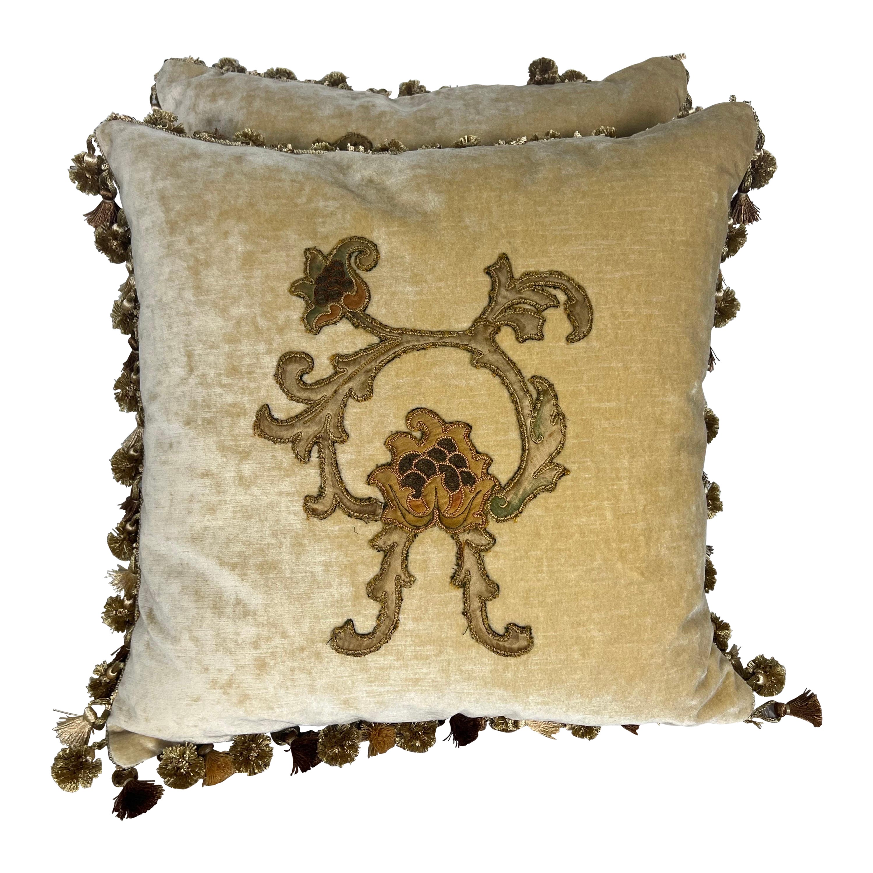 Pair of Custom Appliqued Velvet Pillows by Melissa Levinson For Sale