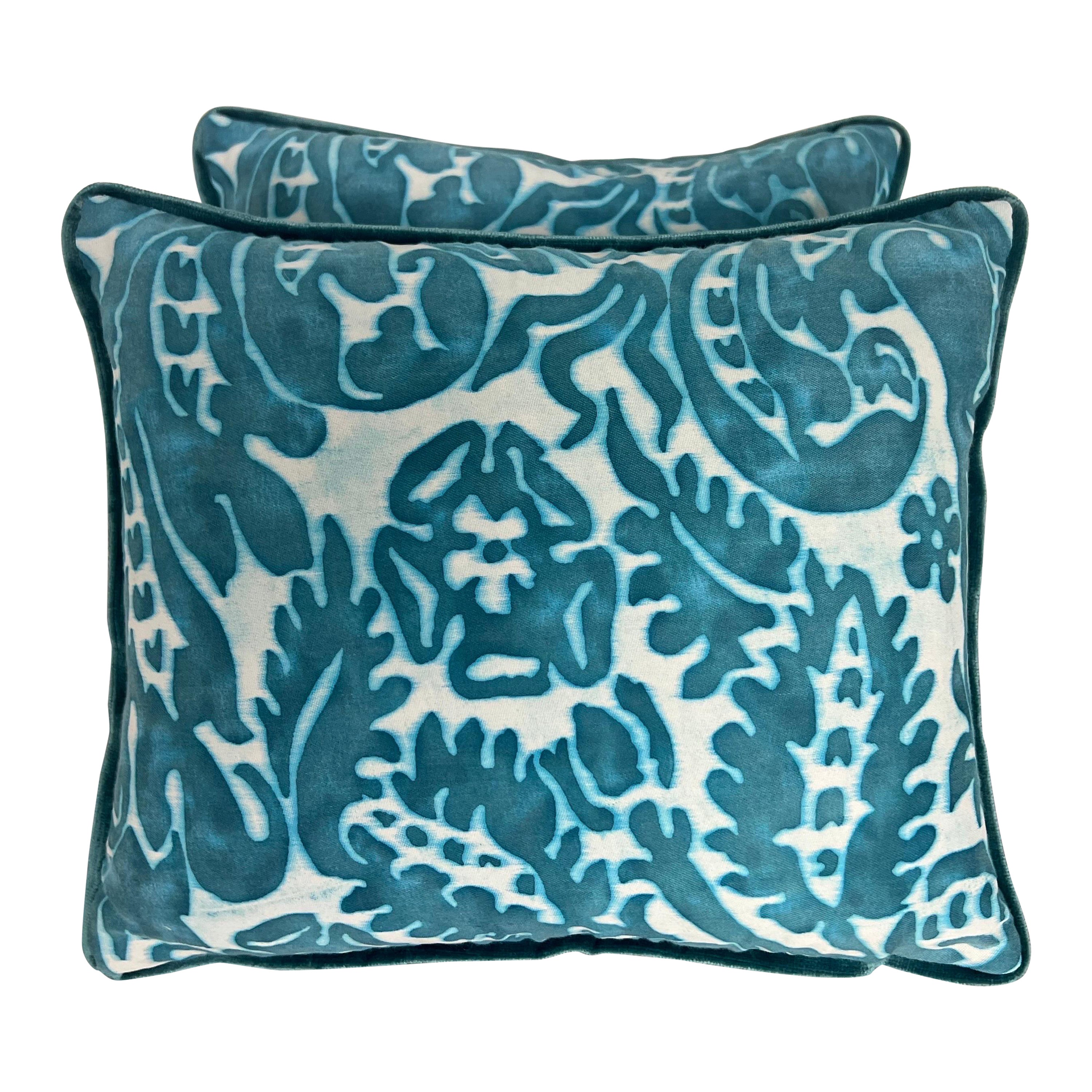 Pair of Teal and White Colored Fortuny Style Pillows For Sale