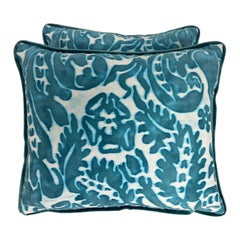 Pair of Teal and White Colored Fortuny Style Pillows
