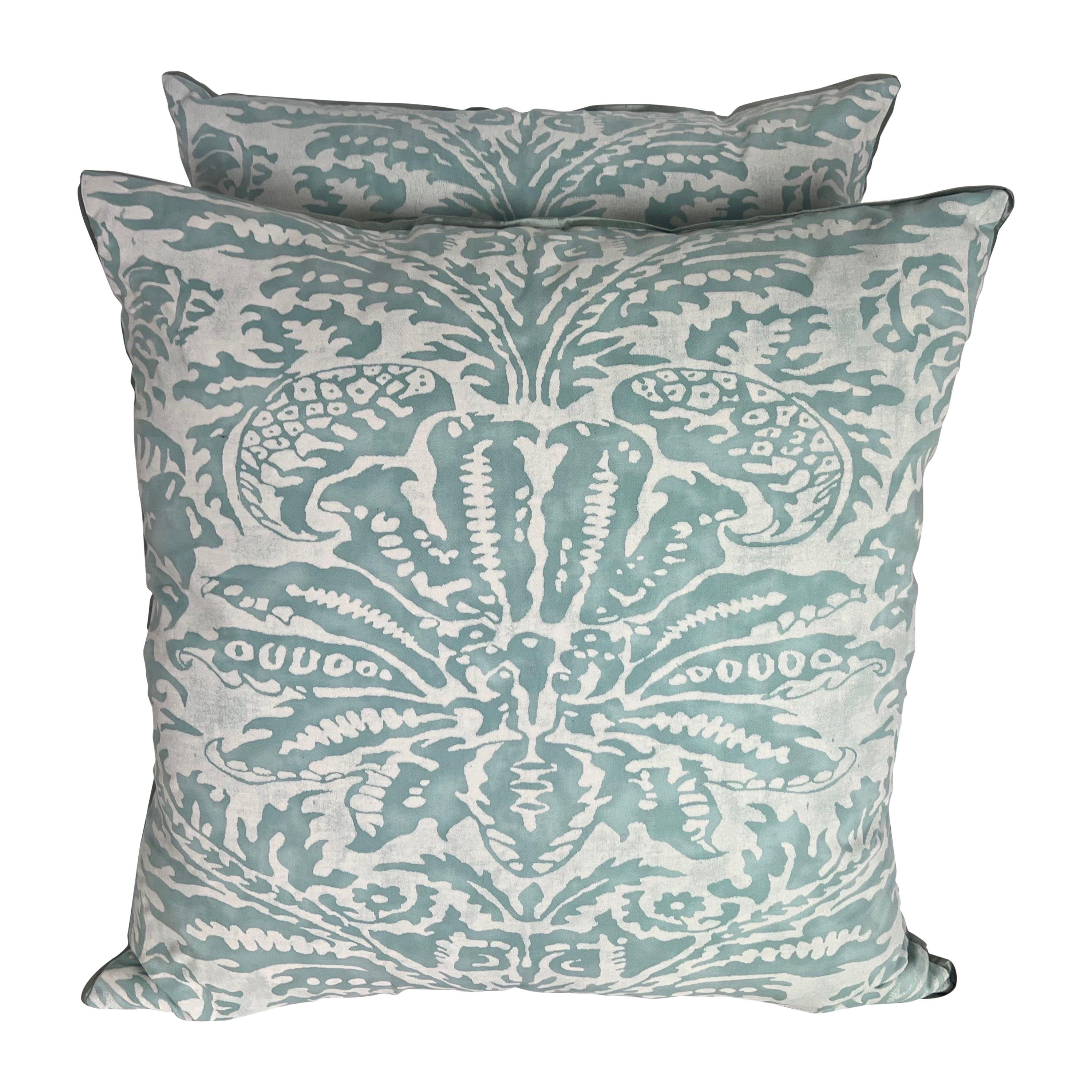 Pair of Aqua & White Colored Fortuny Pillows For Sale