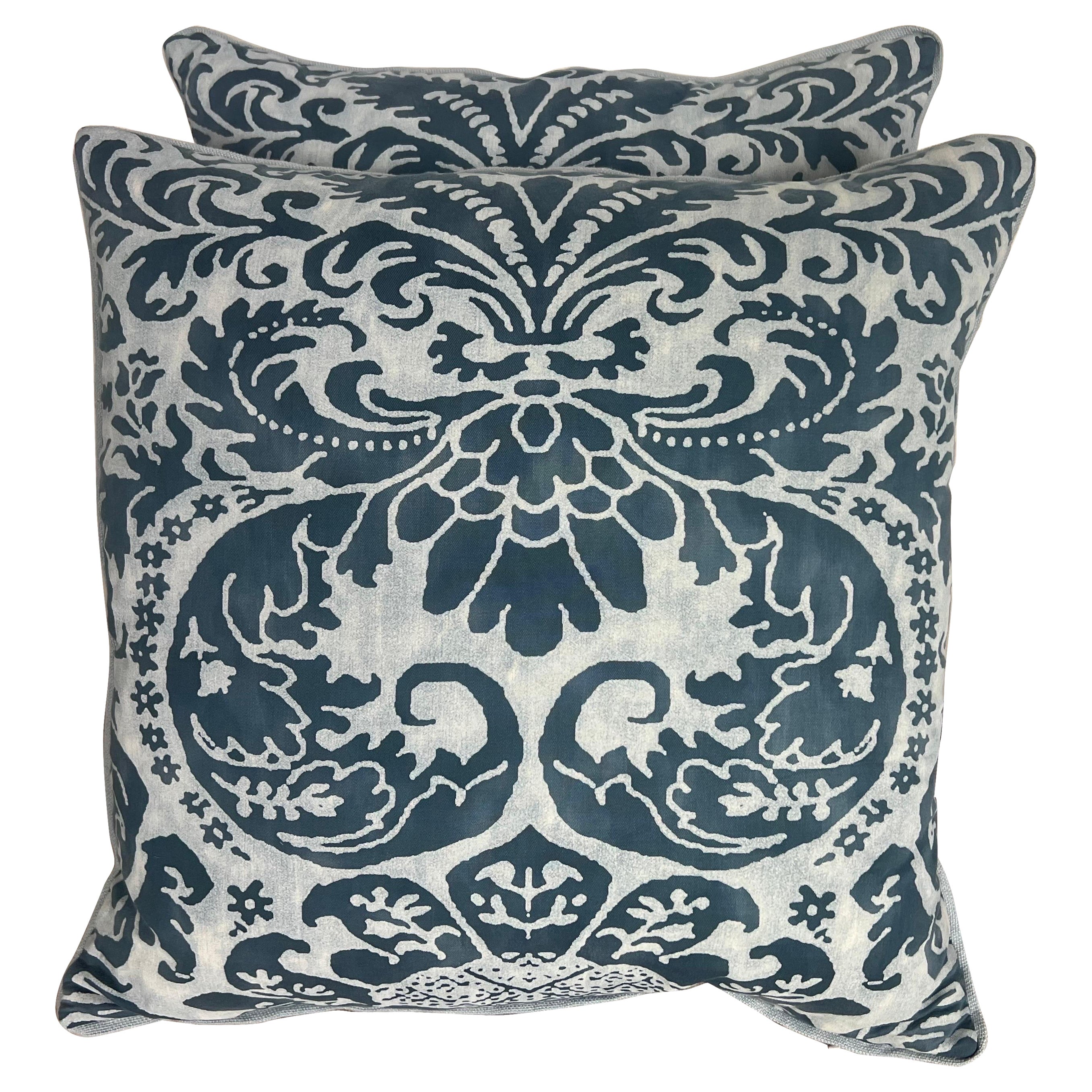 Pair of Custom Blue & White Fortuny Pillows For Sale