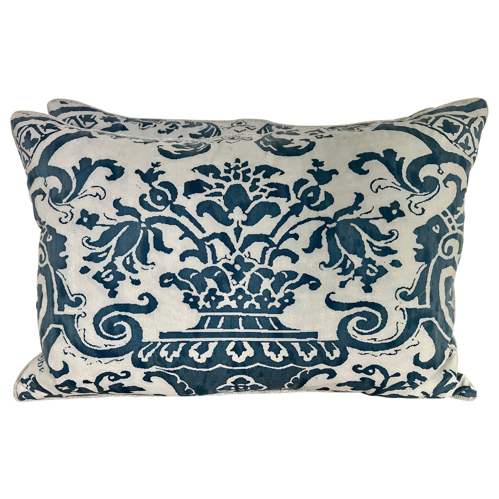 Pair of Blue & White Fortuny Floral Cotton Pillows For Sale