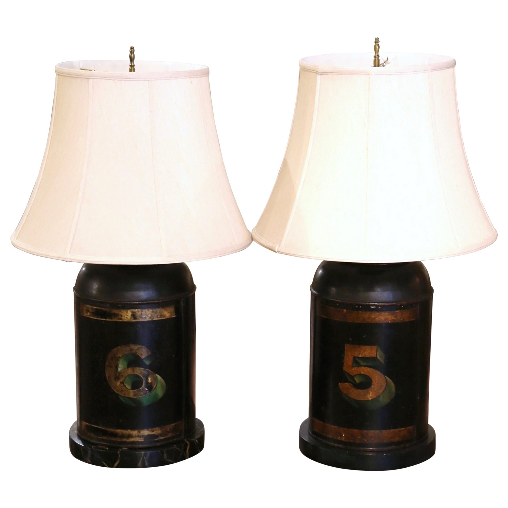 Pair of 19th Century English Painted Tole Tea Canister Table Lamps with Shades
