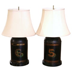 Antique Pair of 19th Century English Painted Tole Tea Canister Table Lamps with Shades