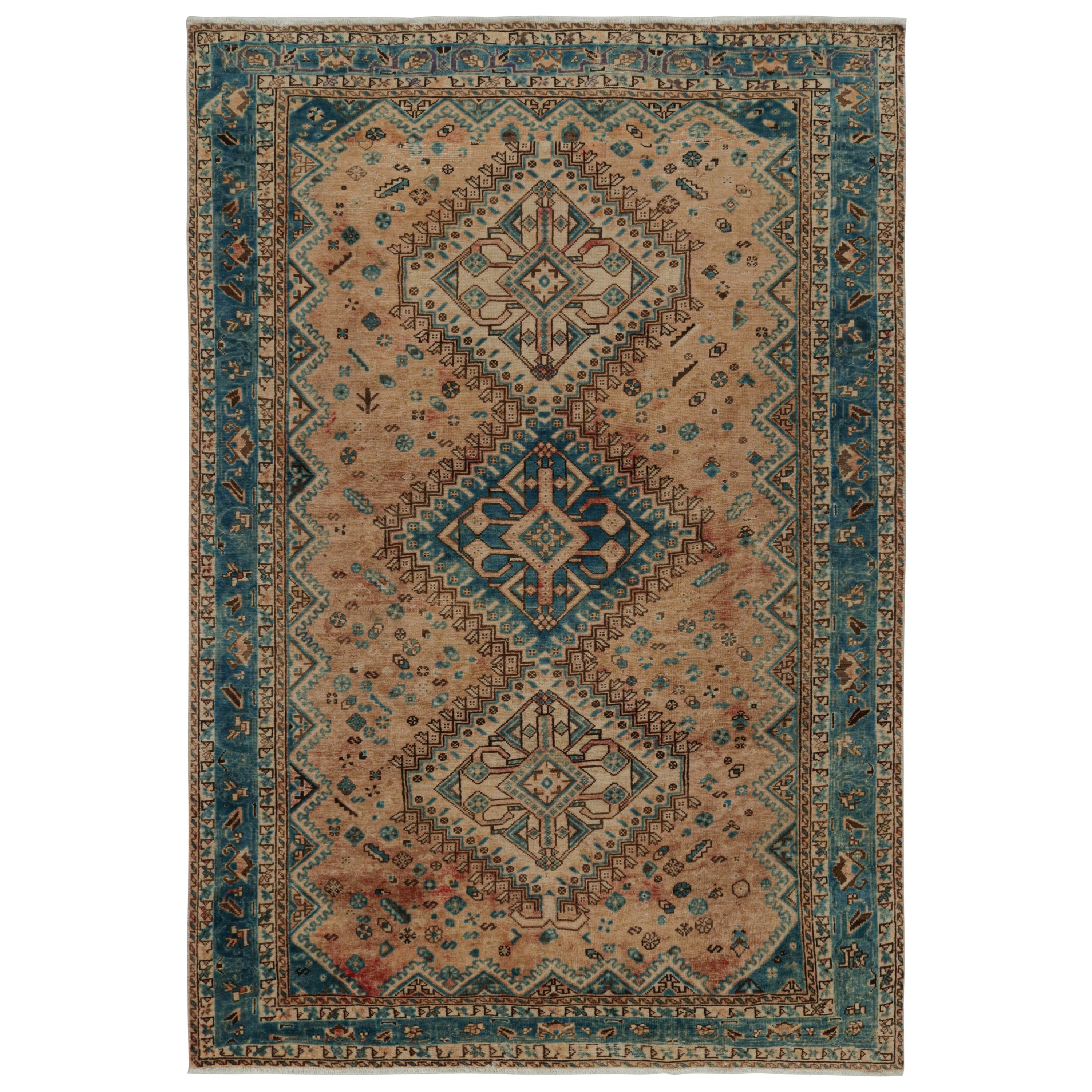 Vintage Persian Shiraz rug in Beige-Brown & Blue Floral Patterns by Rug & Kilim For Sale