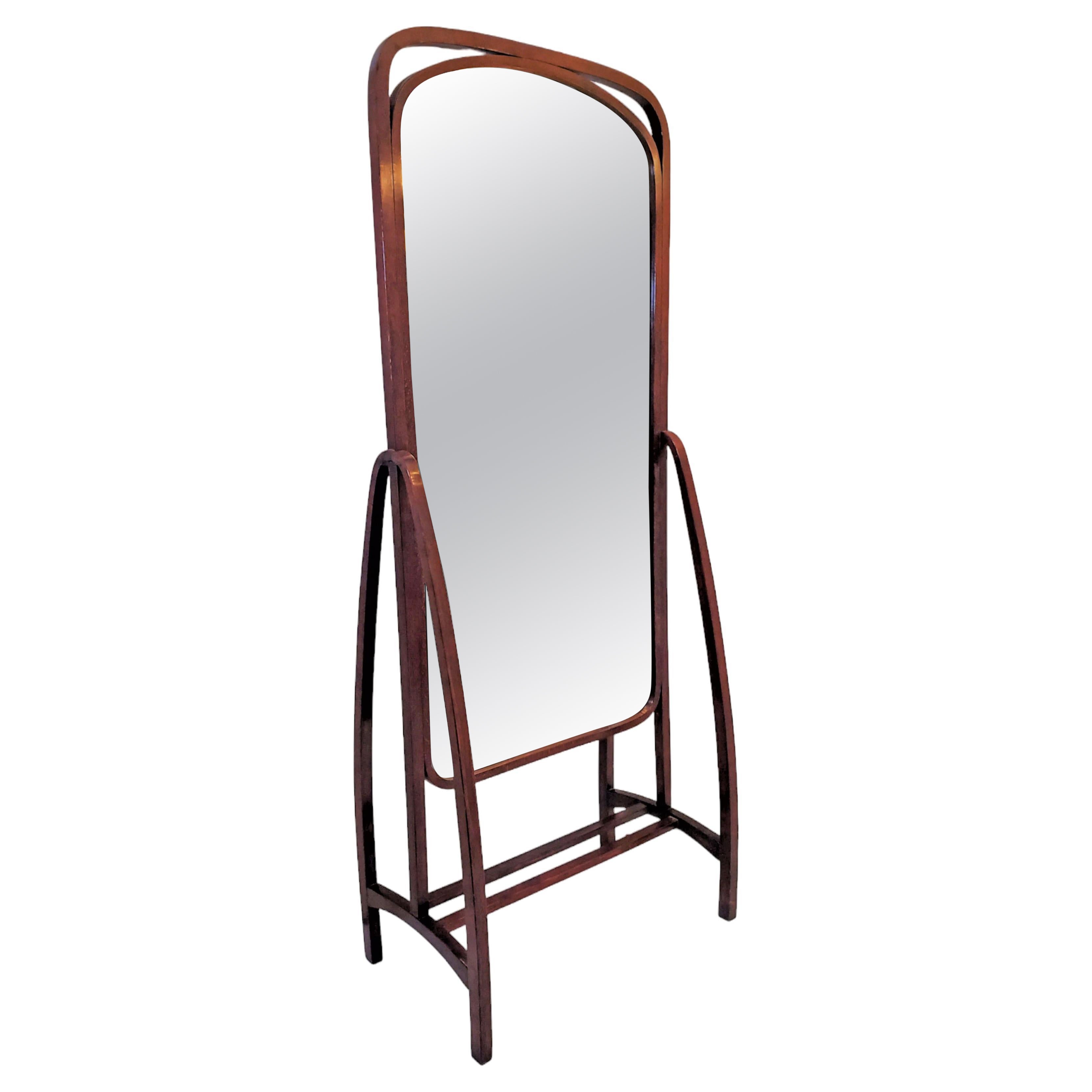 Specchio da toilette chevale in legno curvato originale austriaco Jugendstil a tutta lunghezza - Thonet