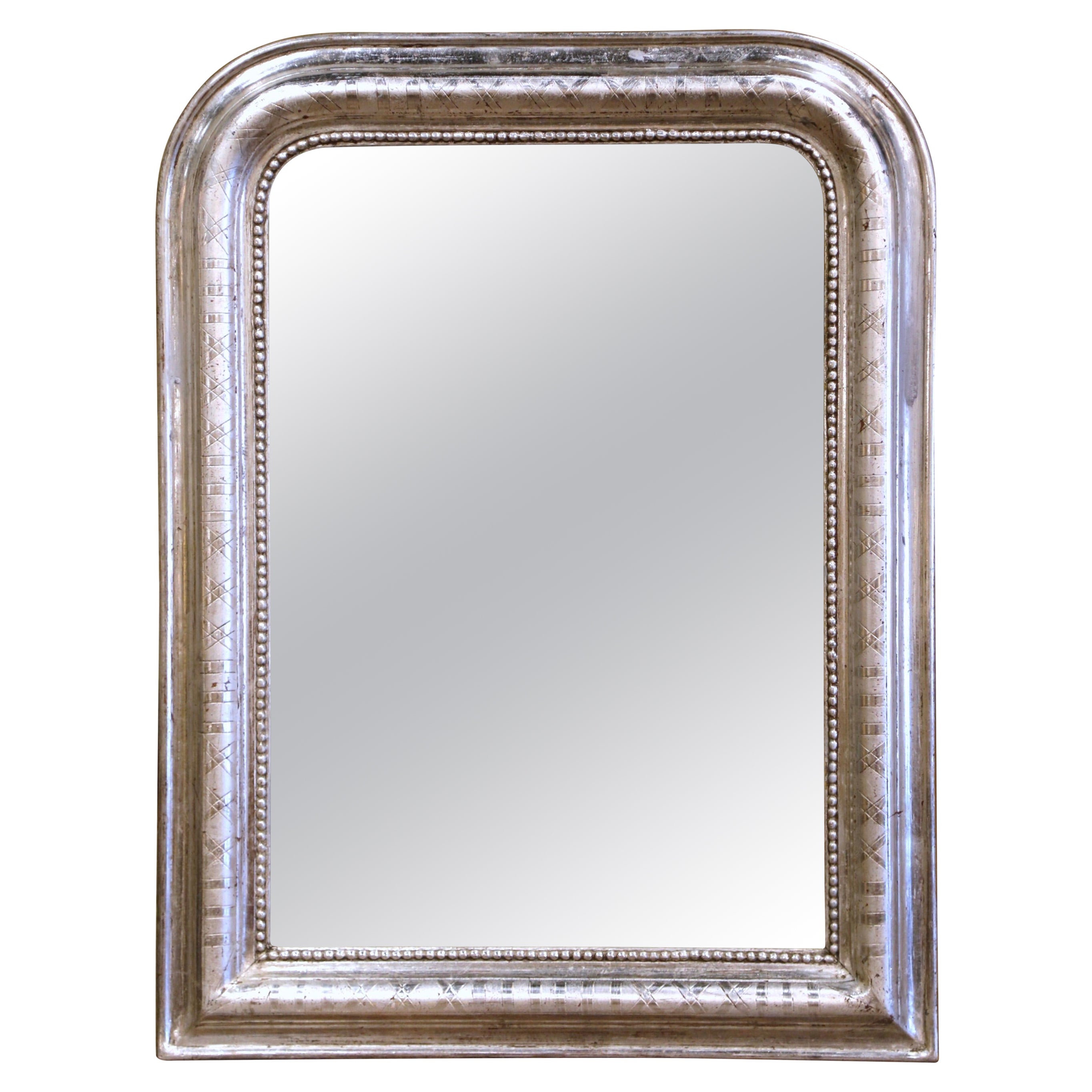 19th Century Louis Philippe Silver Leaf Mirror with Engraved Geometric Motifs
