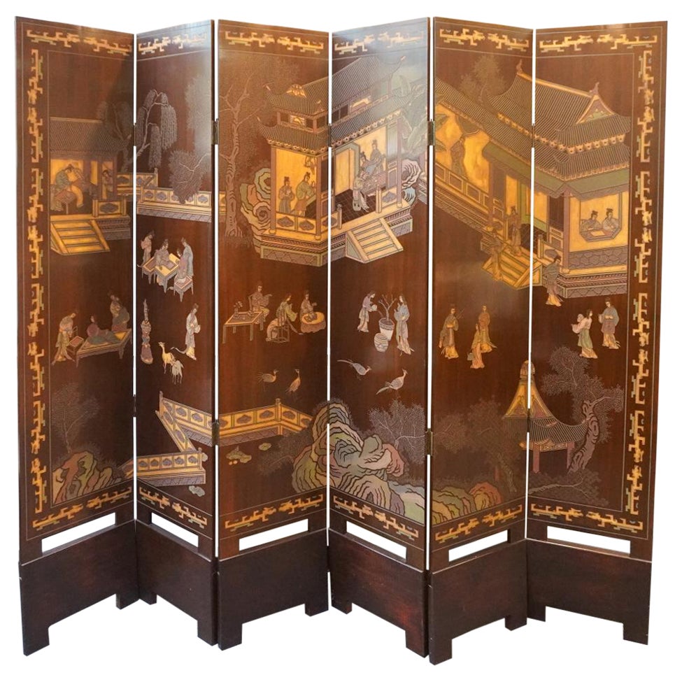 Six-Panel Double Sided Coromandel Asian Screen on Stand For Sale