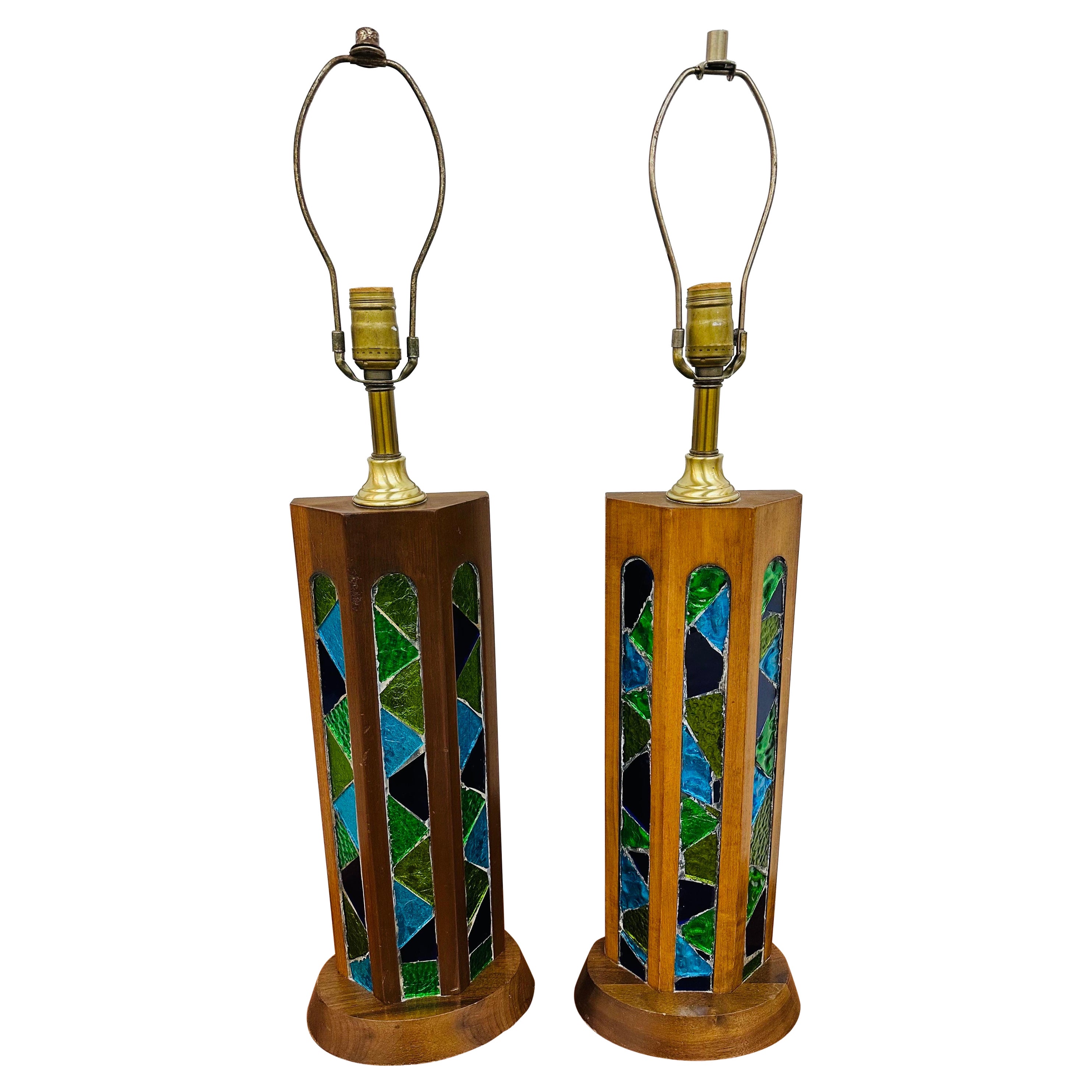 Mid-Century Modern Walnut Stained Glass Table Lamps - Set of 2 For Sale