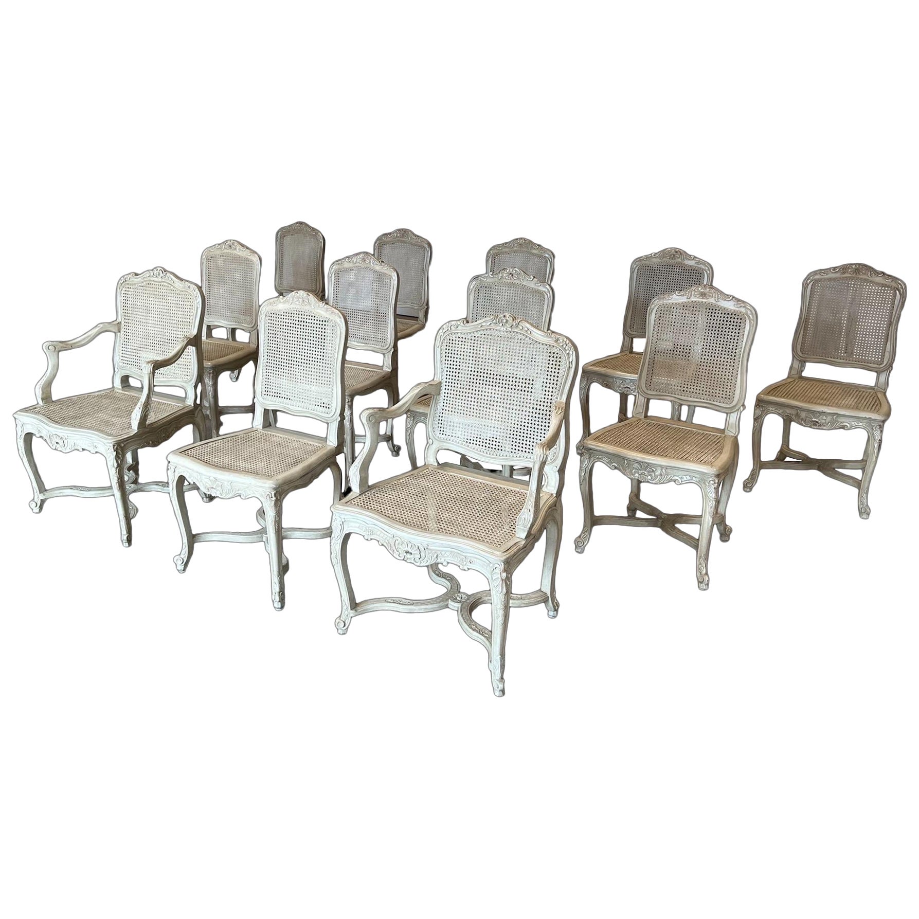 Caned & Painted Régence Style Chairs, 2 Arm 10 Side  For Sale