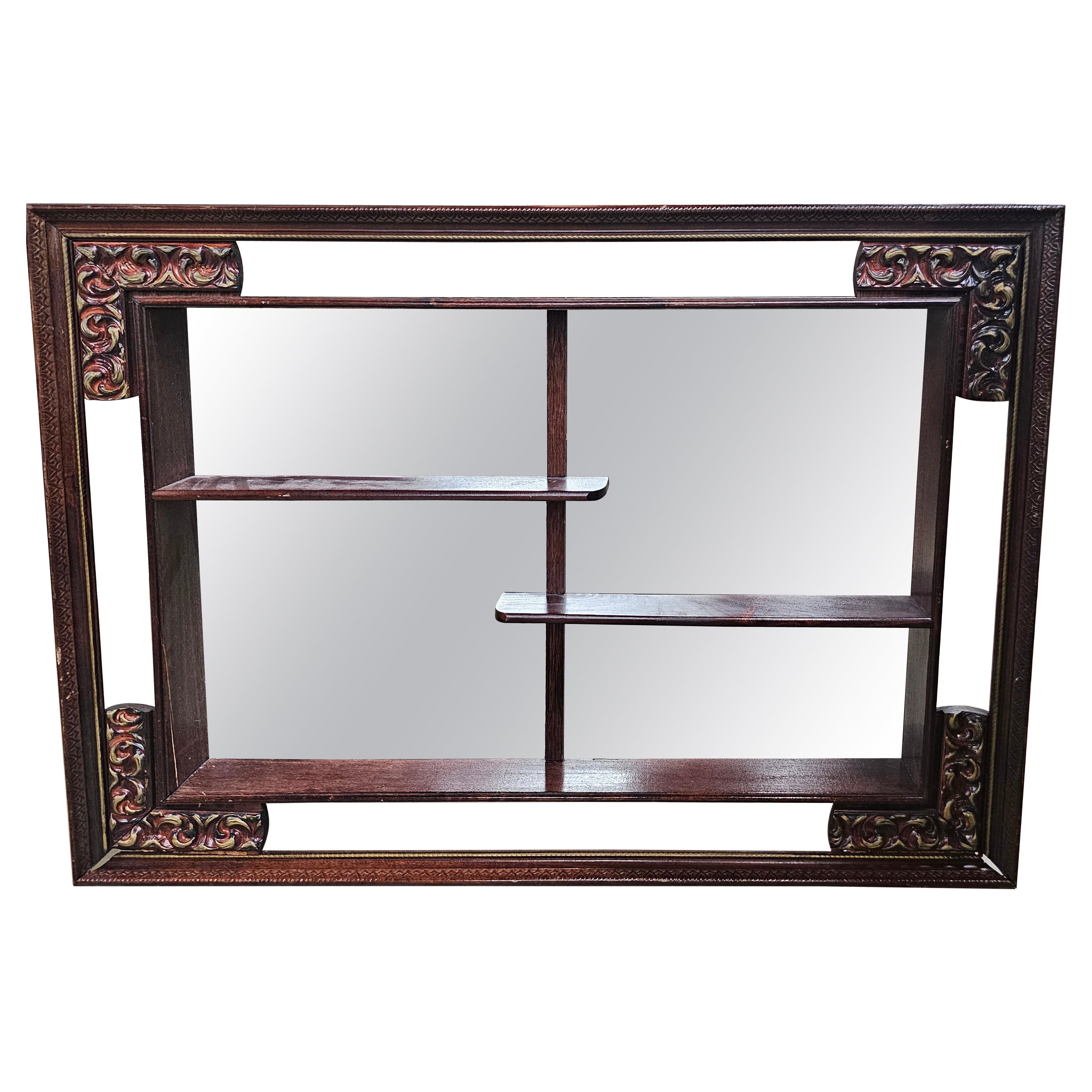 Chinese Carved and Lacquered Wood Framed Mirrored-Back Etagere For Sale