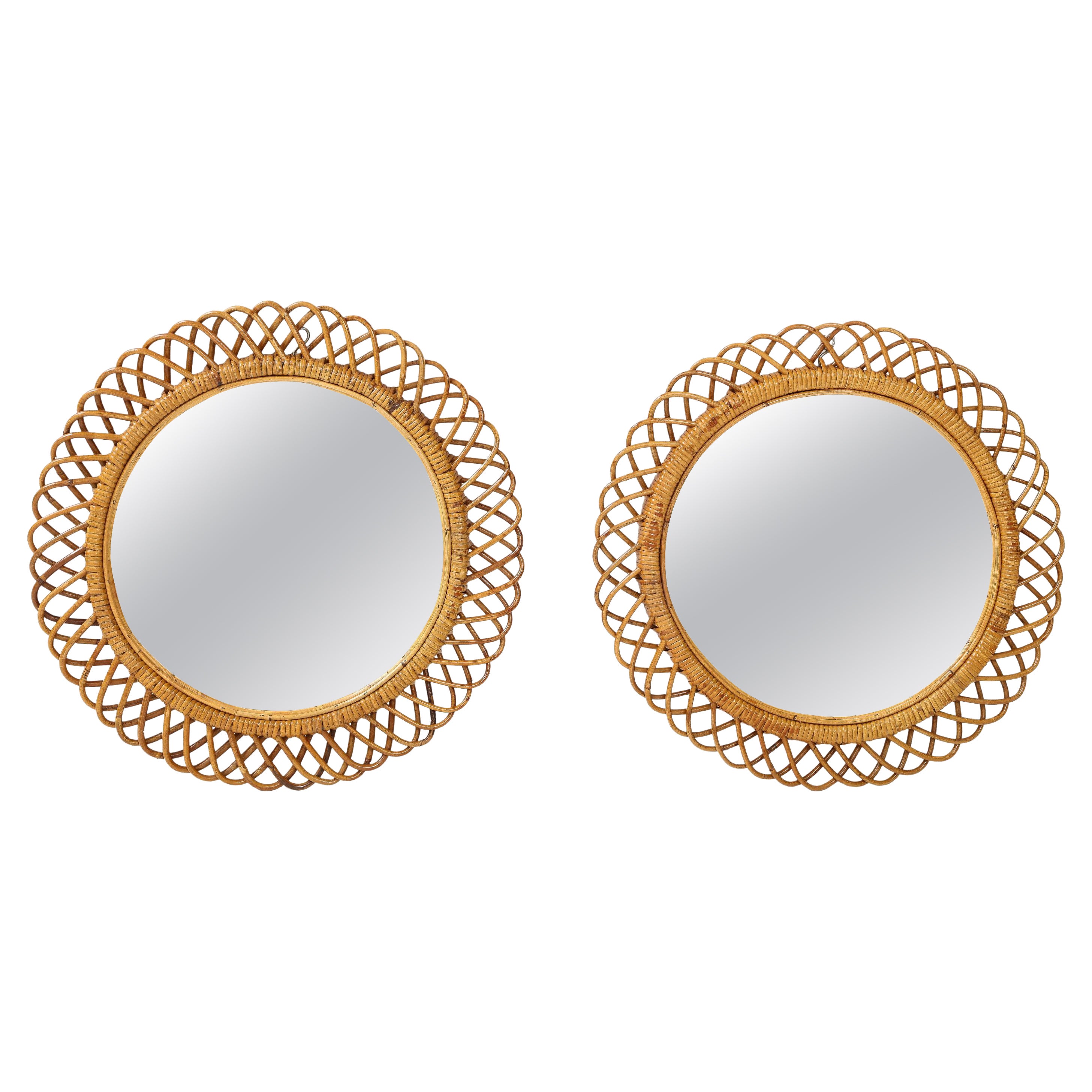 Franco Albini for Bonacina Round Bamboo and Rattan Mirrors, Italy, 1950s For Sale