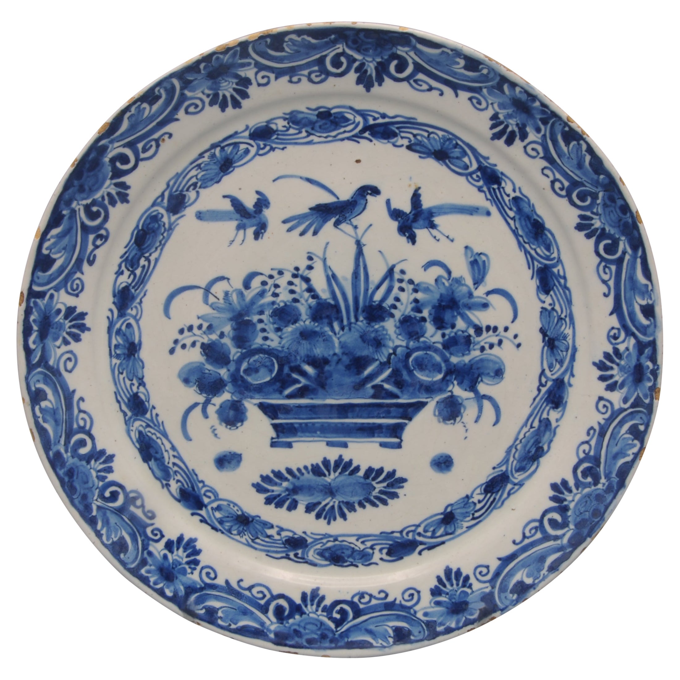 'De Grieksche A', Pieter Kocx - Dutch Delft plate with flower basket