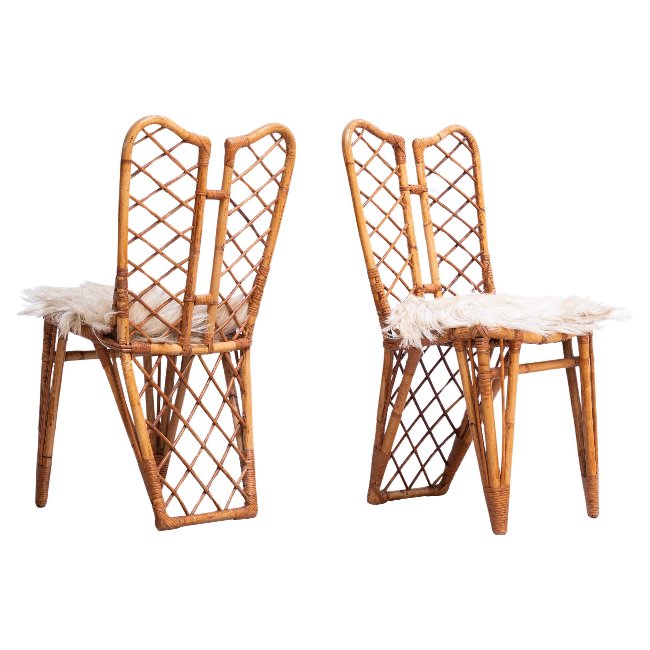 Rattan and Bamboo Dining Chairs with White Fur, Set of Two For Sale