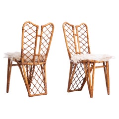 Used Rattan and Bamboo Dining Chairs with White Fur, Set of Two